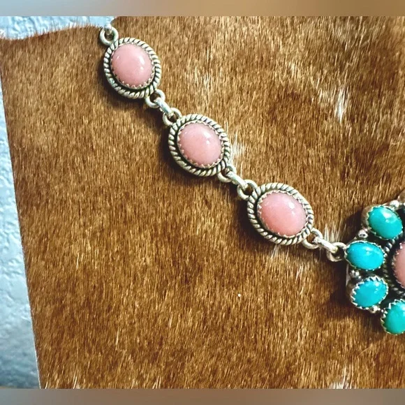 NWT Sterling Silver Pink Opal and Kingman Turquoise Bracelet - Picture 7 of 14